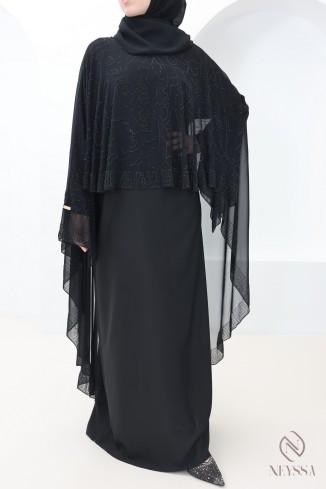 Black Dubai abaya with chiffon cape and rhinestones for women Eid