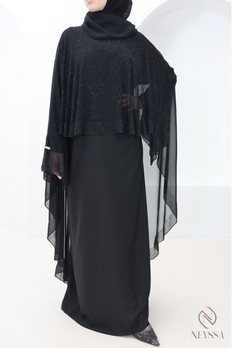 Black Dubai abaya with chiffon cape and rhinestones for women Eid