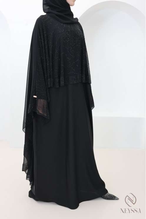 Abaya Dubaï noir avec cape en mousseline a strass femme voilée Aïd