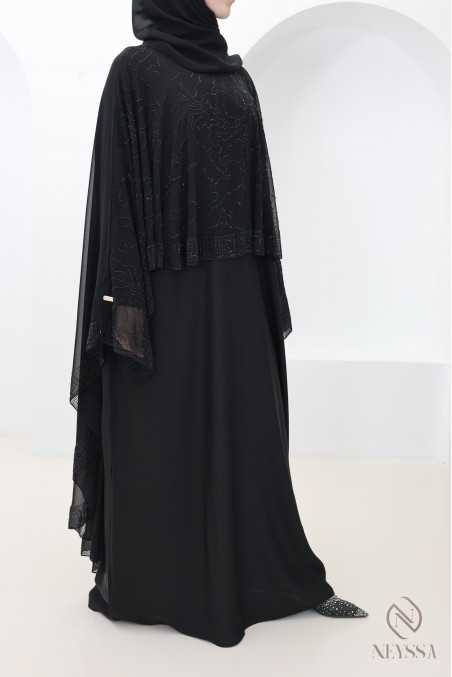 Schwarze Abaya Dubai mit Chiffon-Umhang und Strasssteinen