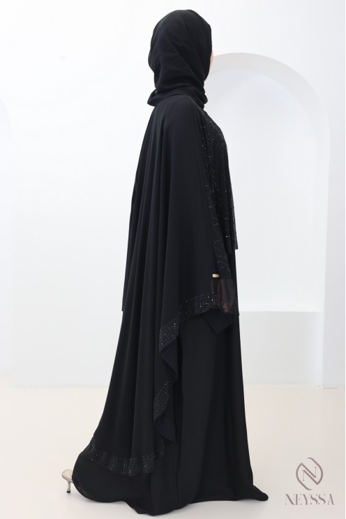 Schwarze Abaya Dubai mit Chiffon-Umhang und Strasssteinen
