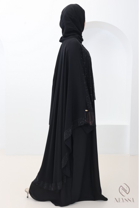 Black Dubai abaya with chiffon cape and rhinestones for women Eid