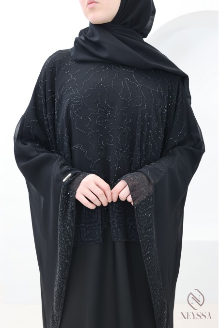 Abaya Dubaï noir avec cape en mousseline a strass femme voilée Aïd