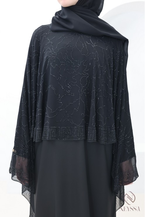 Abaya Dubaï noir avec cape en mousseline a strass femme voilée Aïd