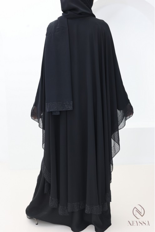 Schwarze Abaya Dubai mit Chiffon-Umhang und Strasssteinen