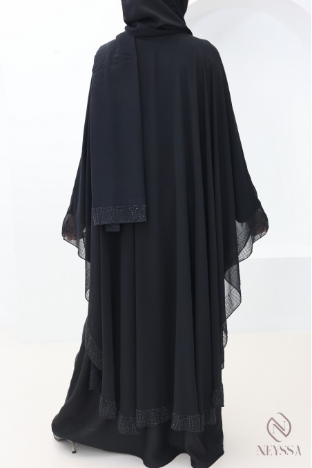 Abaya Dubaï noir avec cape en mousseline a strass femme voilée Aïd