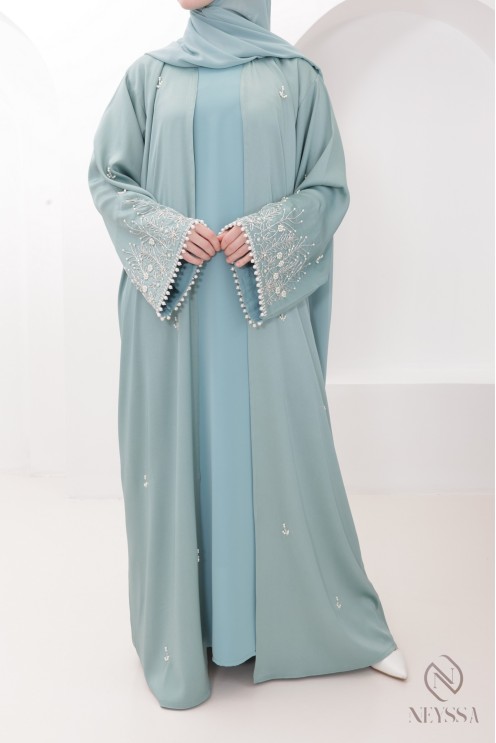 Abaya Dubaï kimono luxe brodée de perles, parfait pour l'Aïd