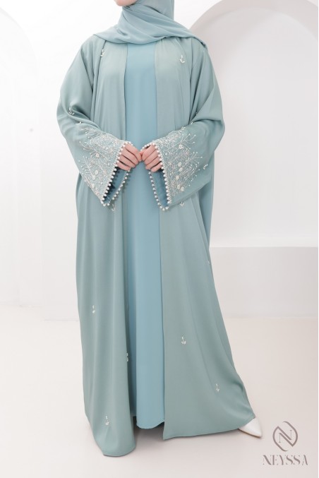 Abaya Dubaï kimono luxe brodée de perles, parfait pour l'Aïd