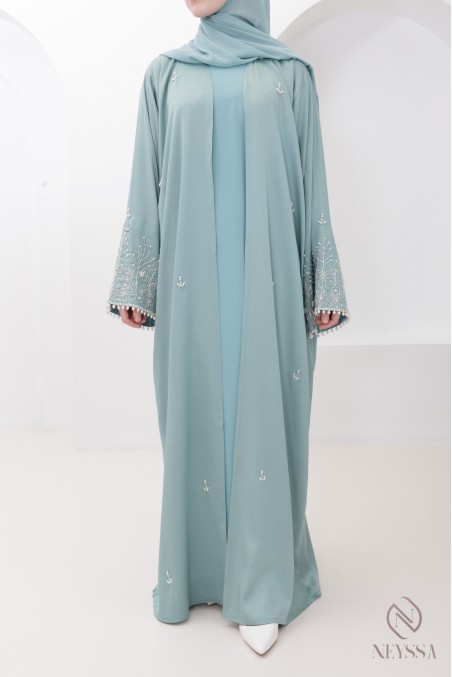 Abaya Dubaï kimono luxe brodée de perles, parfait pour l'Aïd