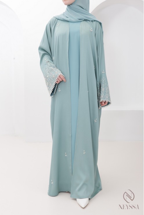 Luxury pearl-embroidered Dubai kimono abaya, perfect for Eid