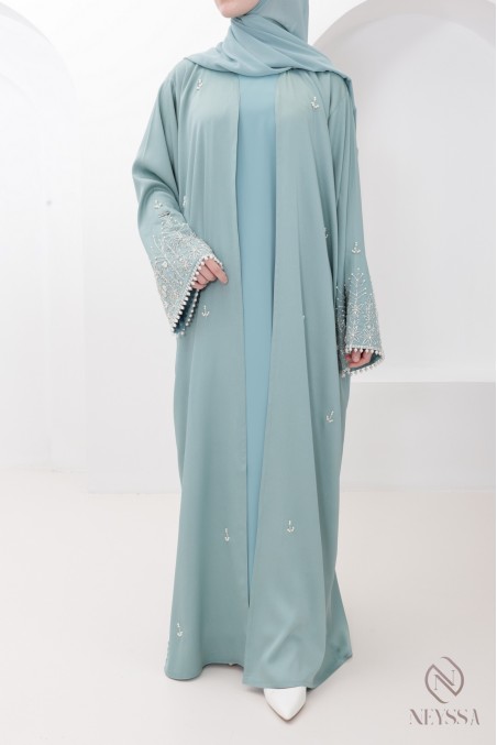 Abaya Dubaï kimono luxe brodée de perles, parfait pour l'Aïd