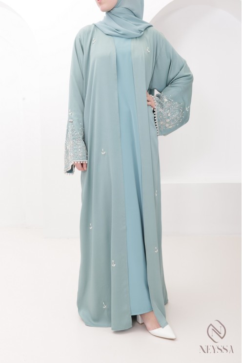 Abaya Dubaï kimono luxe brodée de perles, parfait pour l'Aïd