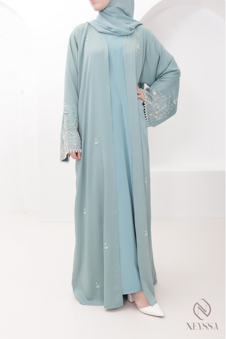 Abaya Dubaï kimono luxe brodée de perles, parfait pour l'Aïd