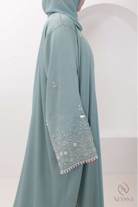 Luxury pearl-embroidered Dubai kimono abaya, perfect for Eid