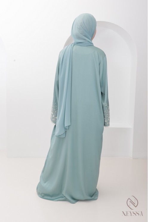 Luxury pearl-embroidered Dubai kimono abaya, perfect for Eid