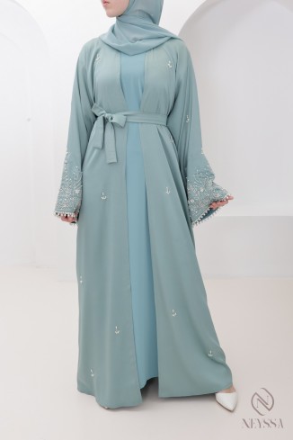 Luxuriöse, mit Perlen bestickte Abaya Dubai im Kimono-Stil