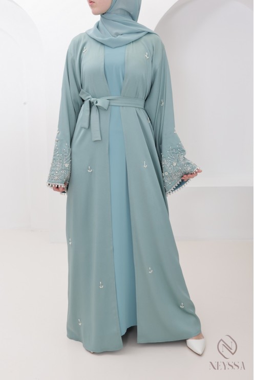 Luxury pearl-embroidered Dubai kimono abaya, perfect for Eid