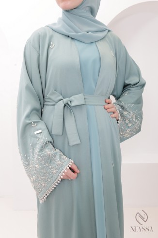 Luxury pearl-embroidered Dubai kimono abaya, perfect for Eid 2