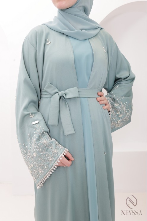 Luxuriöse, mit Perlen bestickte Abaya Dubai im Kimono-Stil