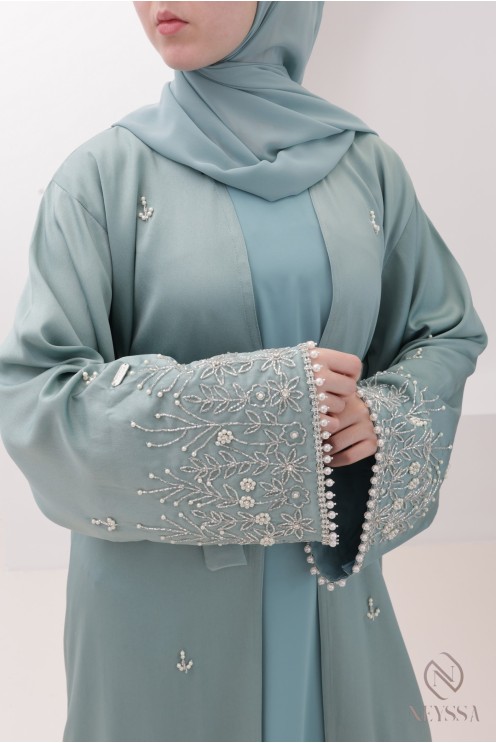 Luxury pearl-embroidered Dubai kimono abaya, perfect for Eid