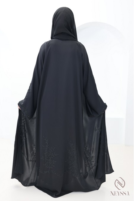 Abaya Dubaï kimono avec perles brodées et strass, idée tenue Aïd