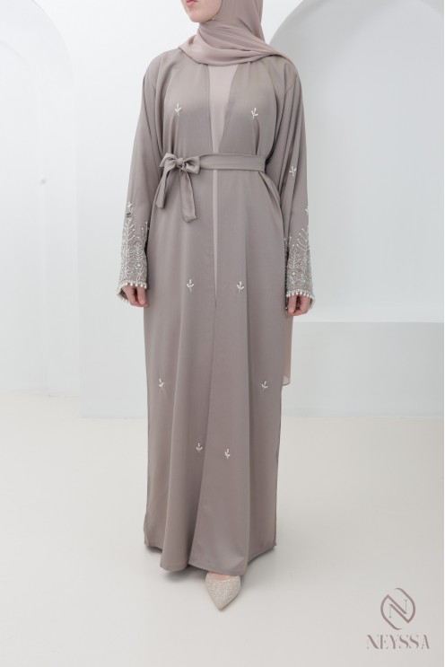 Chic nude Dubai abaya embroidered with luxury pearls, Eid outfit idea