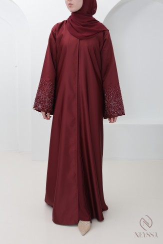 Burgundy women's Dubai abaya, high-end kimono fabric with embroidery