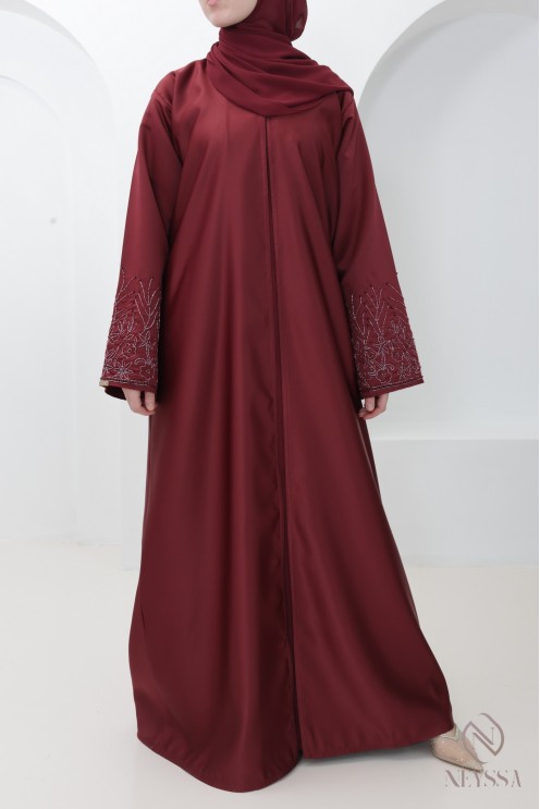 Burgundy women's Dubai abaya, high-end kimono fabric with embroidery
