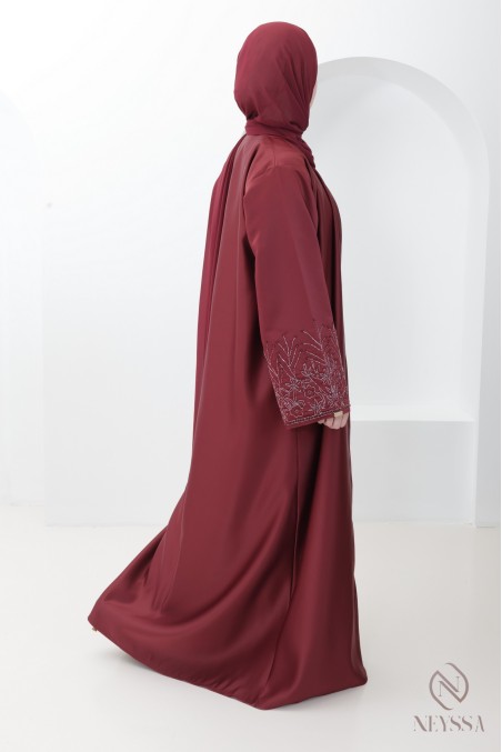 Abaya Dubaï femme bordeaux, kimono tissu haut de gamme avec broderie