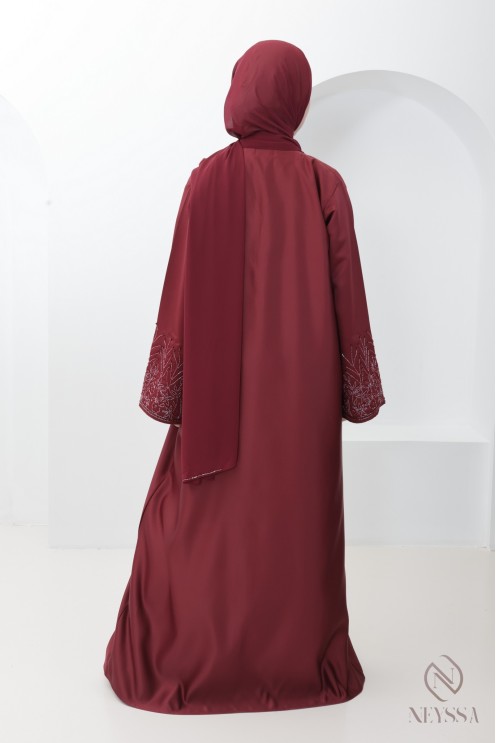 Abaya Dubai für Damen in Bordeauxrot, Kimono aus hochwertigem Stoff