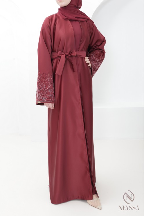 Burgundy women's Dubai abaya, high-end kimono fabric with embroidery