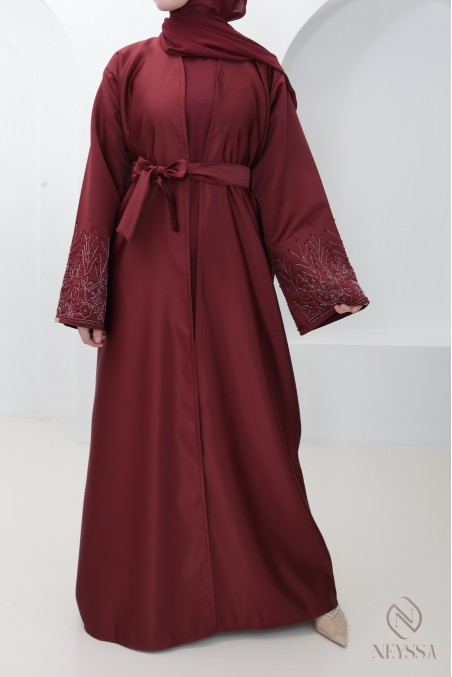 Burgundy women's Dubai abaya, high-end kimono fabric with embroidery