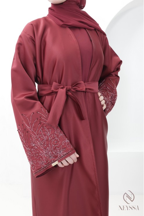 Burgundy women's Dubai abaya, high-end kimono fabric with embroidery