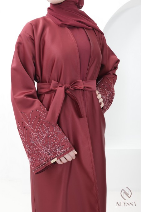 Burgundy women's Dubai abaya, high-end kimono fabric with embroidery