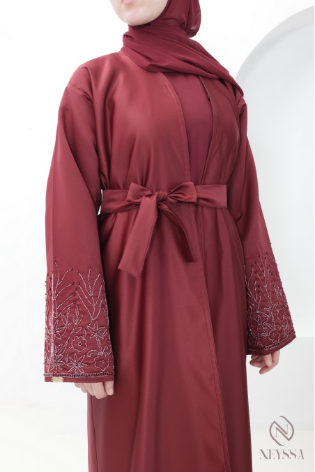 Abaya Dubaï femme bordeaux, kimono tissu haut de gamme avec broderie