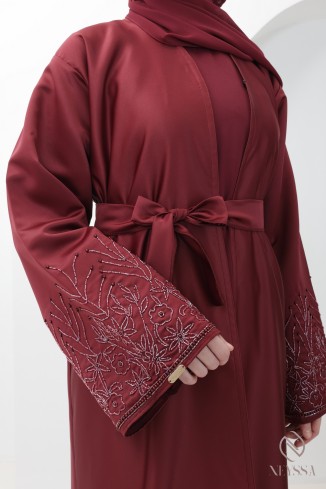 Burgundy women's Dubai abaya, high-end kimono fabric with embroidery 2
