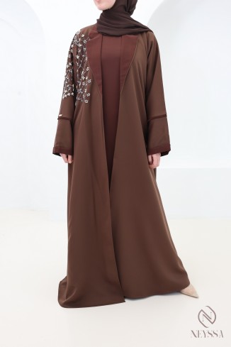 Abaya Dubaï kimono chocolat, col blazer élégant, tenue pour l'Aïd