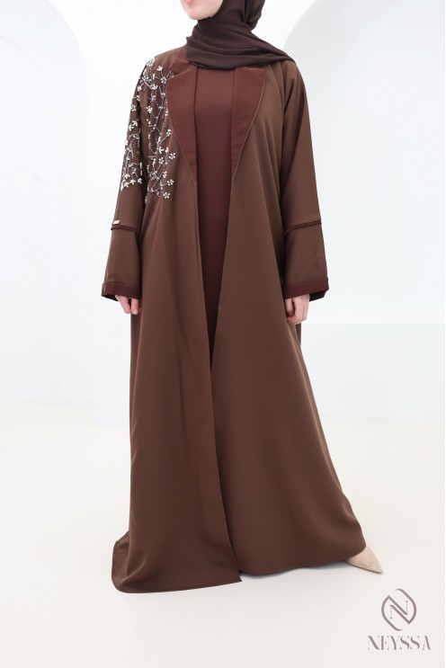 Abaya Dubai Kimono Schokolade, eleganter Blazerkragen, Outfit für Eid