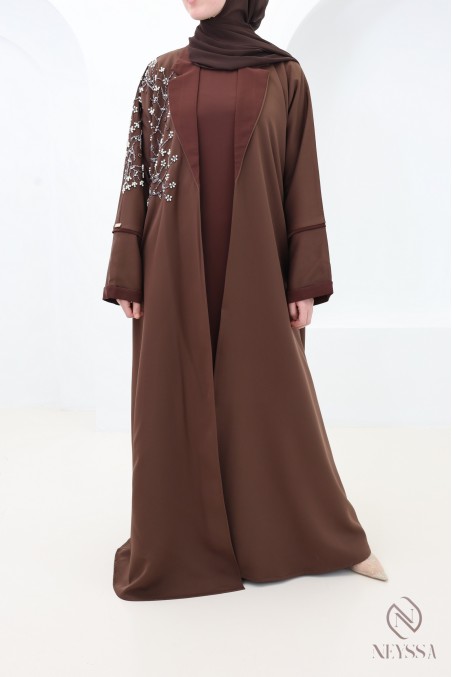 Abaya Dubai Kimono Schokolade, eleganter Blazerkragen, Outfit für Eid