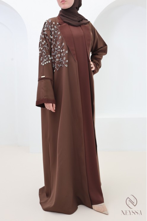 Abaya Dubai Kimono Schokolade, eleganter Blazerkragen, Outfit für Eid