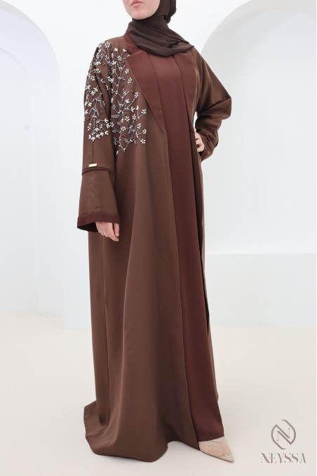 Abaya Dubaï kimono chocolat, col blazer élégant, tenue pour l'Aïd