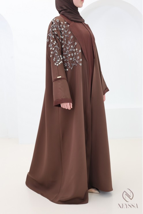 Abaya Dubaï kimono chocolat, col blazer élégant, tenue pour l'Aïd