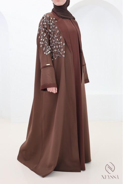 Dubai chocolate kimono abaya, elegant blazer collar, outfit for Eid