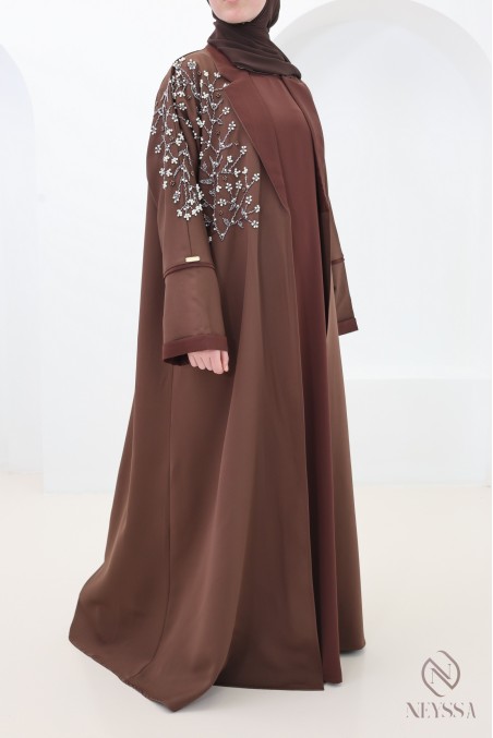 Abaya Dubai Kimono Schokolade, eleganter Blazerkragen, Outfit für Eid