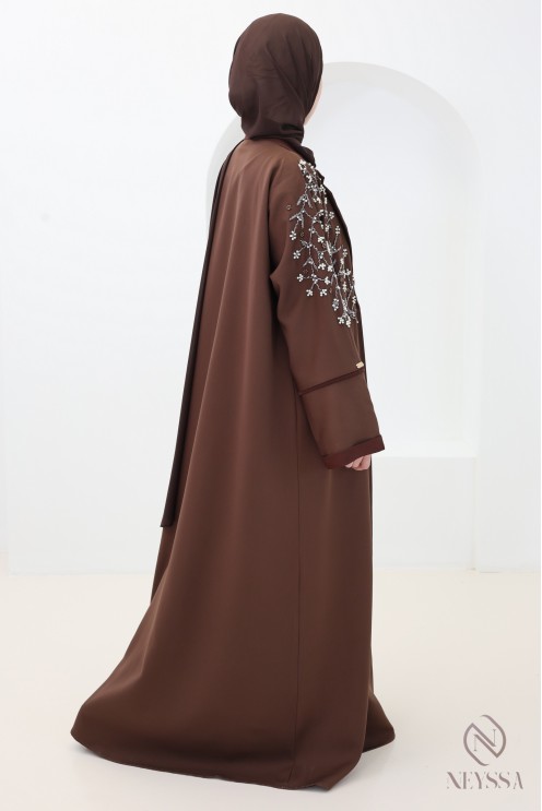 Abaya Dubai Kimono Schokolade, eleganter Blazerkragen, Outfit für Eid
