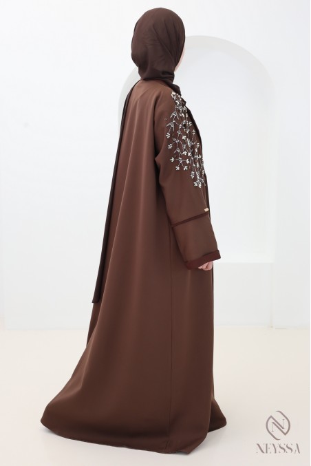 Dubai chocolate kimono abaya, elegant blazer collar, outfit for Eid