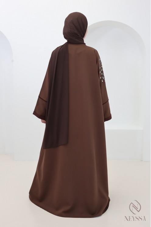 Abaya Dubaï kimono chocolat, col blazer élégant, tenue pour l'Aïd