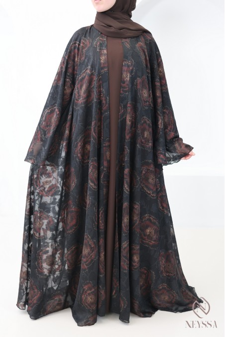 Dubai chocolate chiffon kimono abaya with rhinestones for veiled women