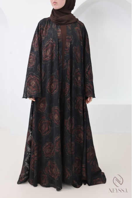 Abaya Dubaï kimono chocolat en mousseline avec strass femme voilée
