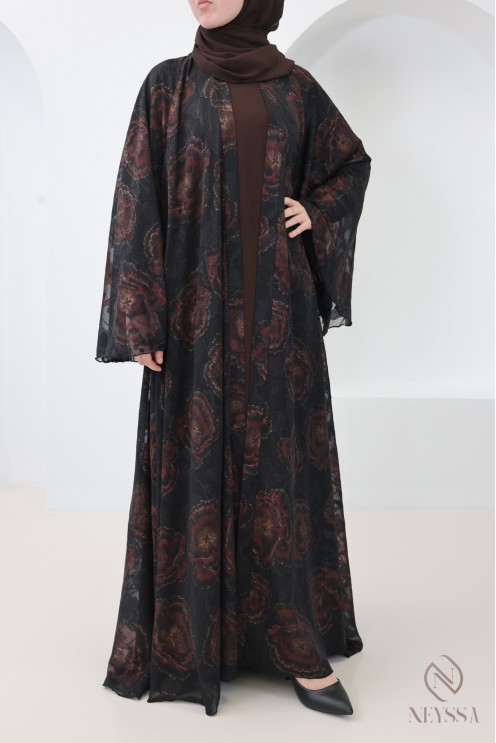 Dubai chocolate chiffon kimono abaya with rhinestones for veiled women